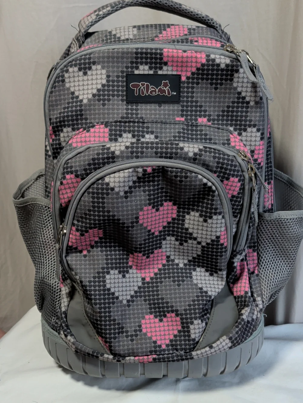 Tilami Girls Gray & Pink Heart Print Backpack With Wheels And Pull Handle